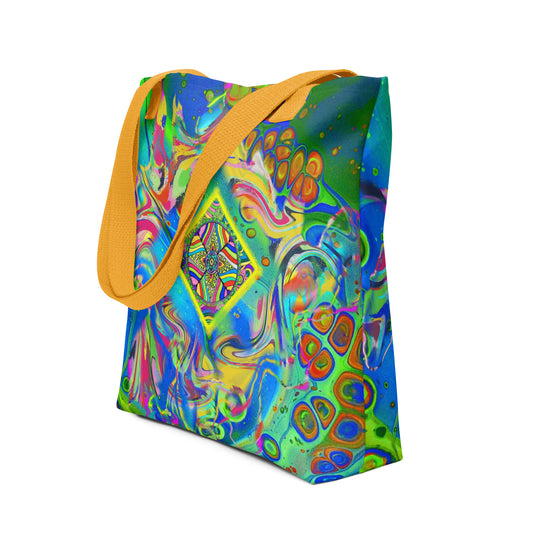 Side view of the Quantum Nectar tote bag with swirling psychedelic color waves