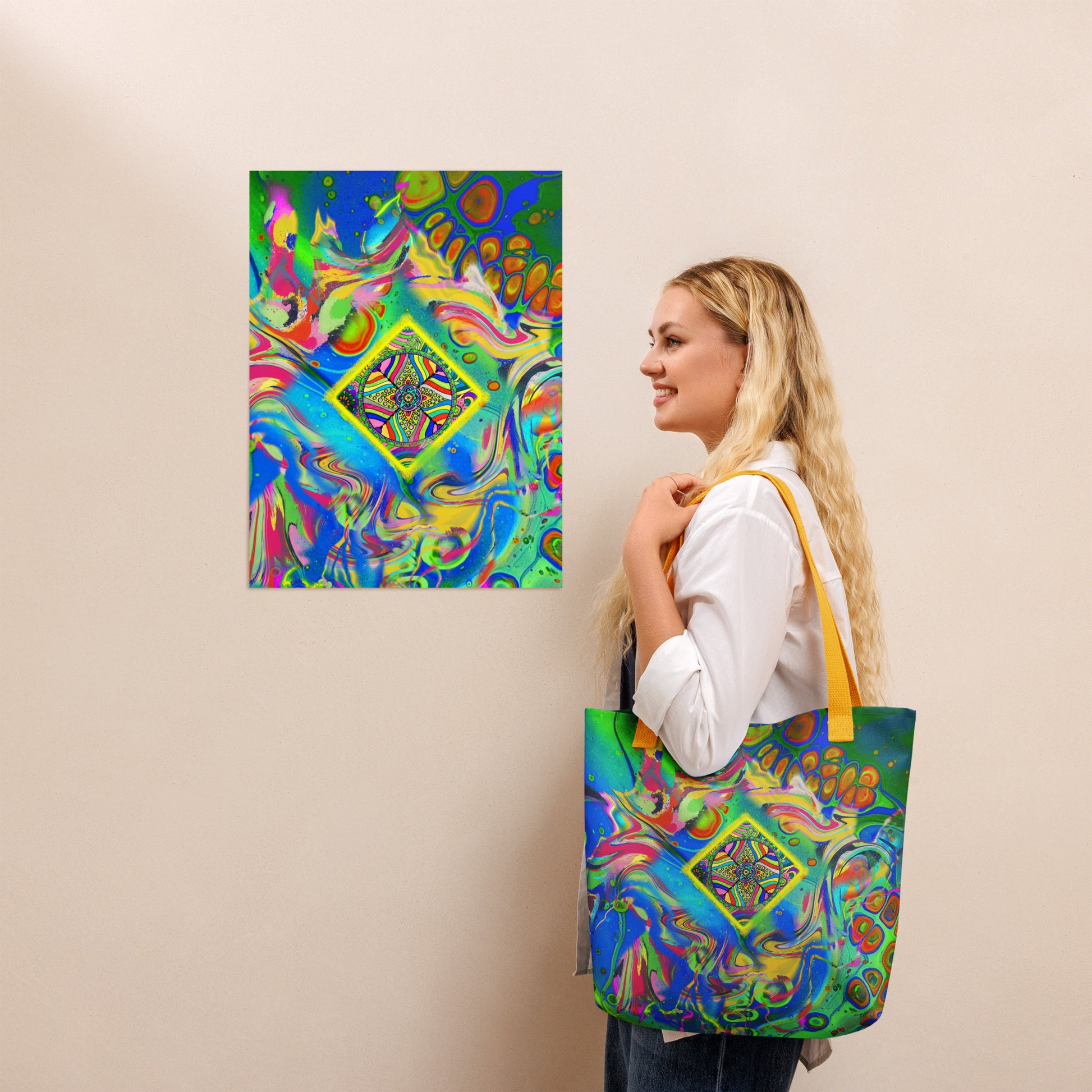 Model posing with Quantum Nectar tote bag – vivid mandala and fluid forms