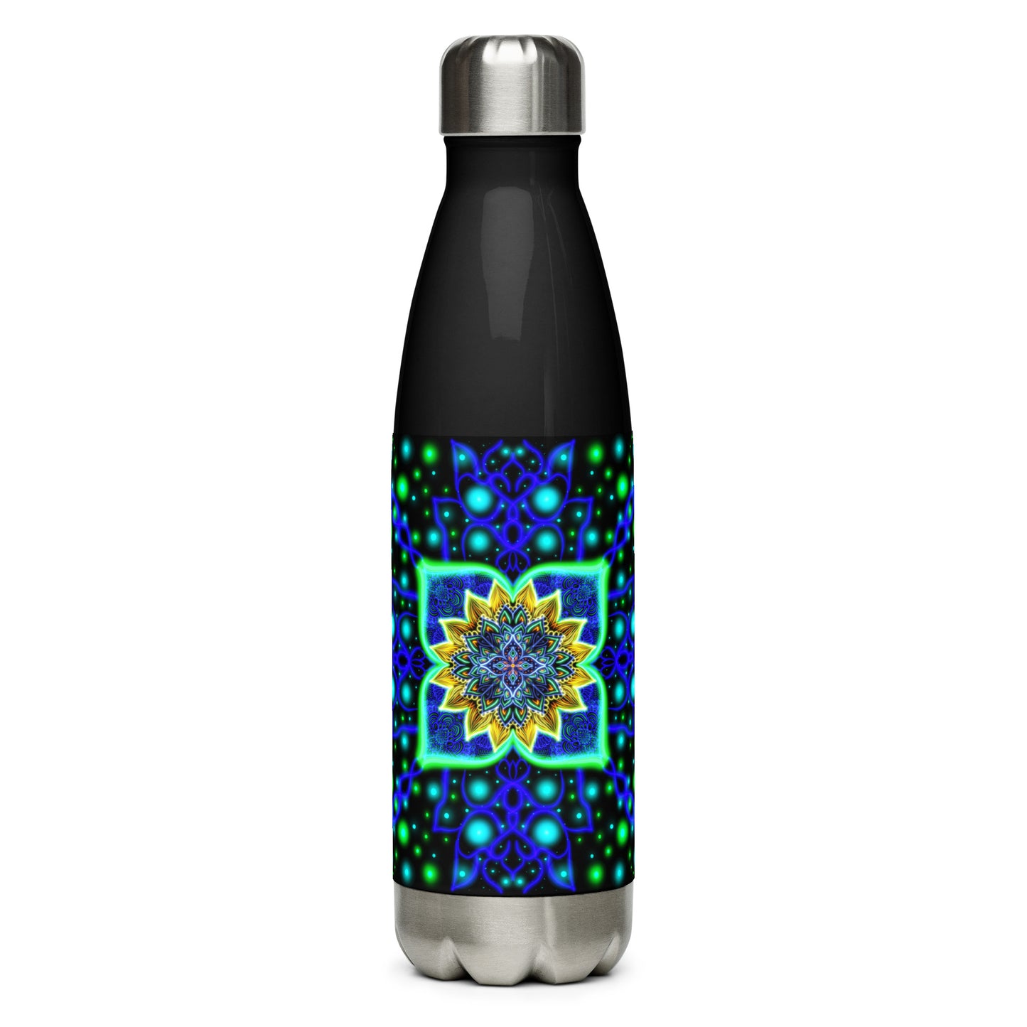 Front view of the Quantum Pulse stainless steel bottle with vibrant neon mandala design on a black base