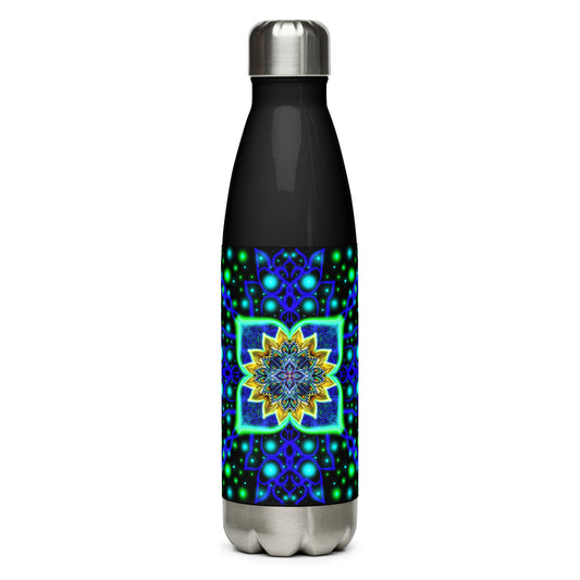 Front view of the Quantum Pulse stainless steel bottle with vibrant neon mandala design on a black base