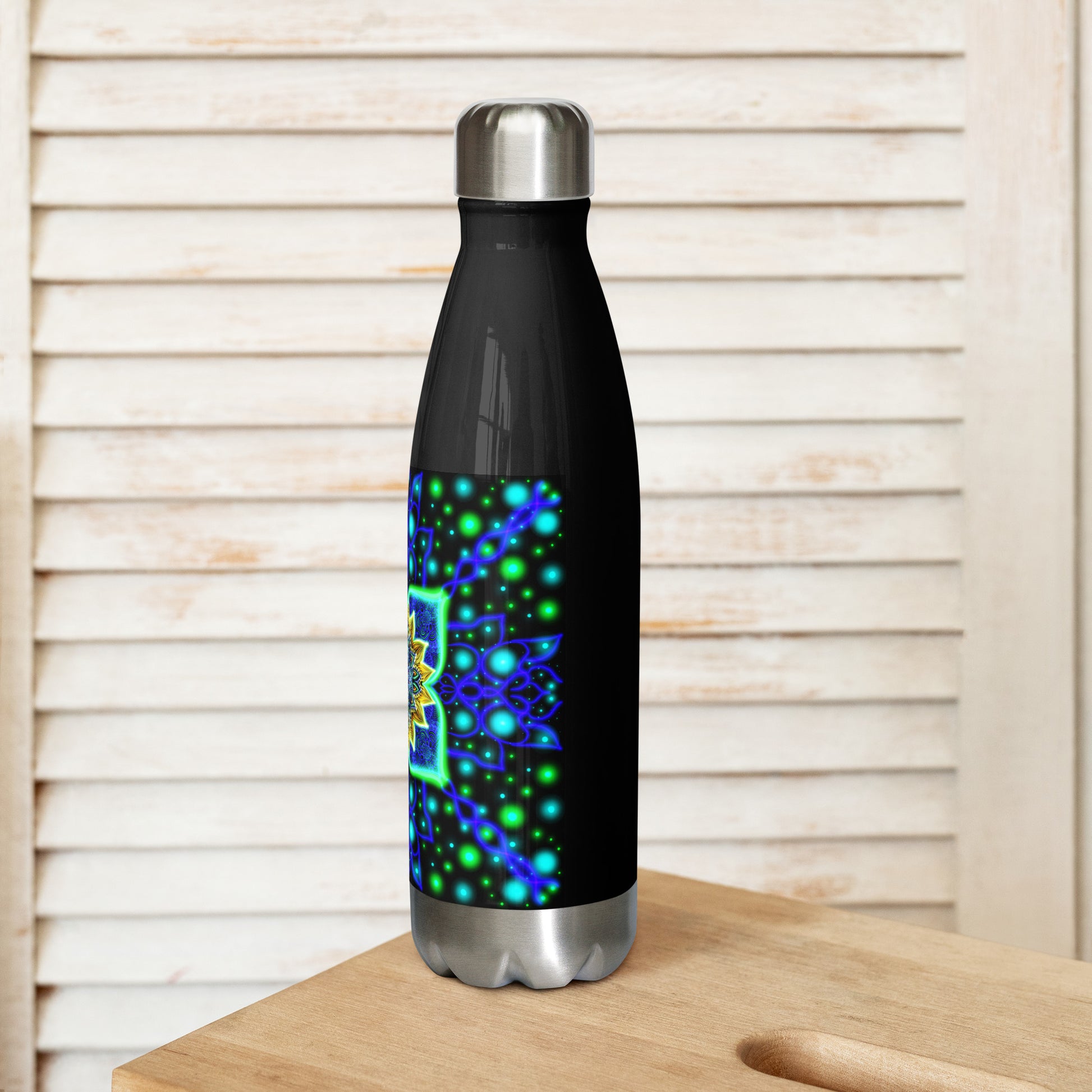 Quantum Pulse stainless steel bottle standing on a wooden surface with vertical plank background