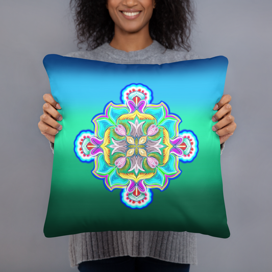 Woman holding Rainbow Awakening mandala throw pillow