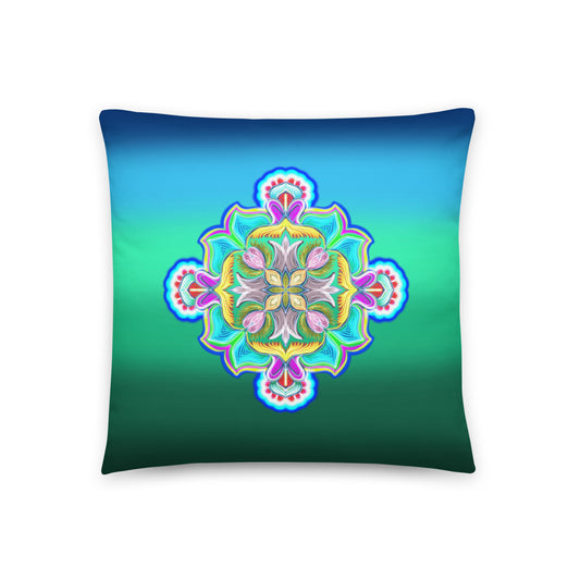 Rainbow Awakening psychedelic mandala pillow on white background