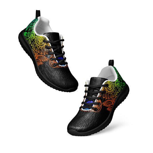 Rainbow Guardians men's athletic shoes – psychedelic rainbow pattern, black base, vibrant guardians design