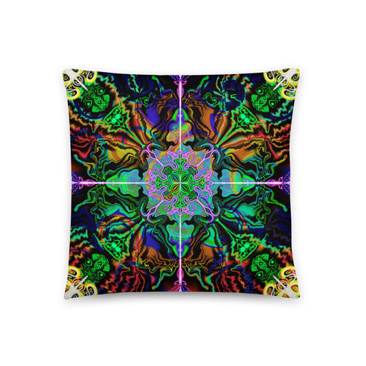 Spacetime Waves psychedelic throw pillow – front view of vibrant mandala design