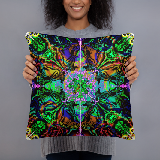 Model holding the Spacetime Waves pillow – bold psychedelic energy in home decor