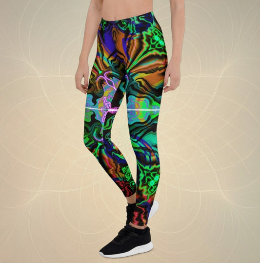 Model wearing Spacetime Waves psychedelic UV active leggings with vibrant swirling patterns