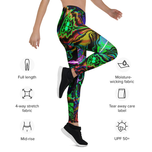 Spacetime Waves Yoga Leggings – Full Length View with Stretch, Mid-Rise and UPF 50+ Icons