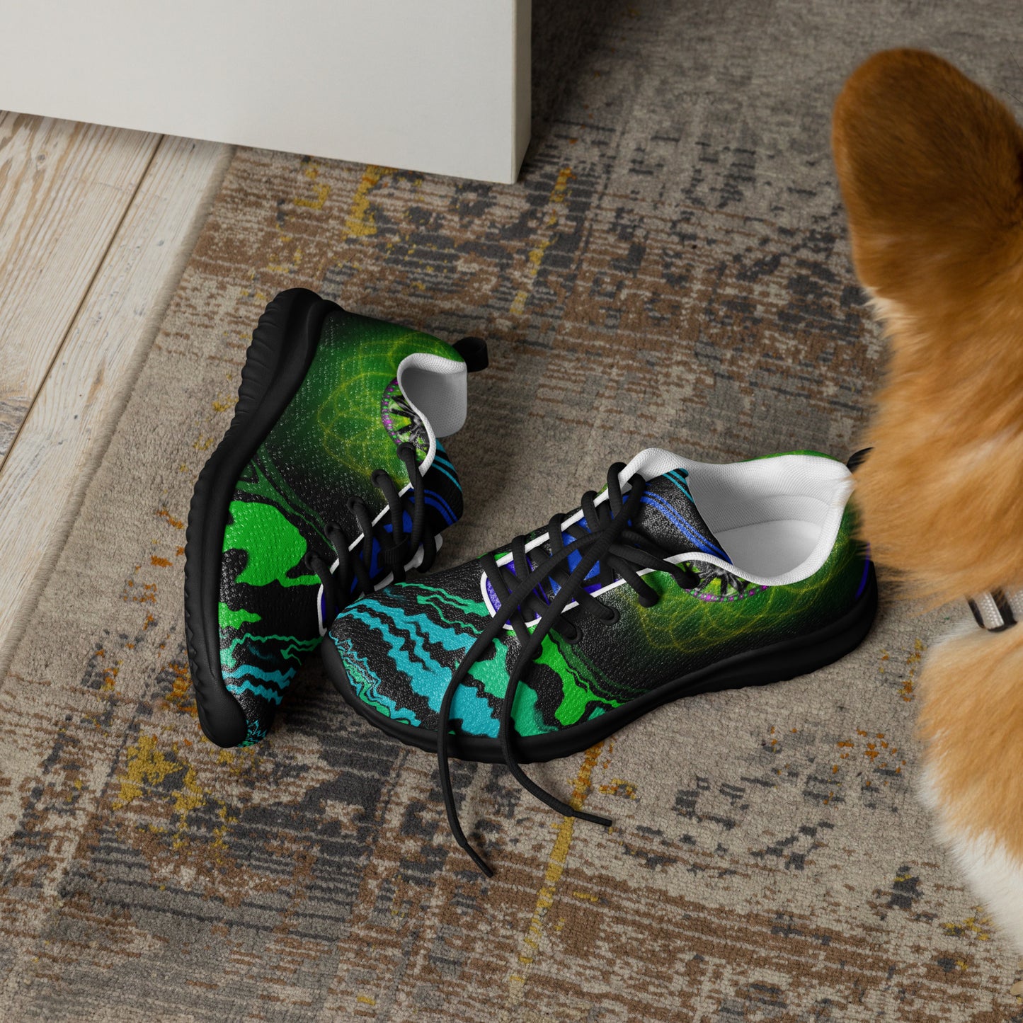 Spectral Flow men’s shoes near a dog – cozy home scene