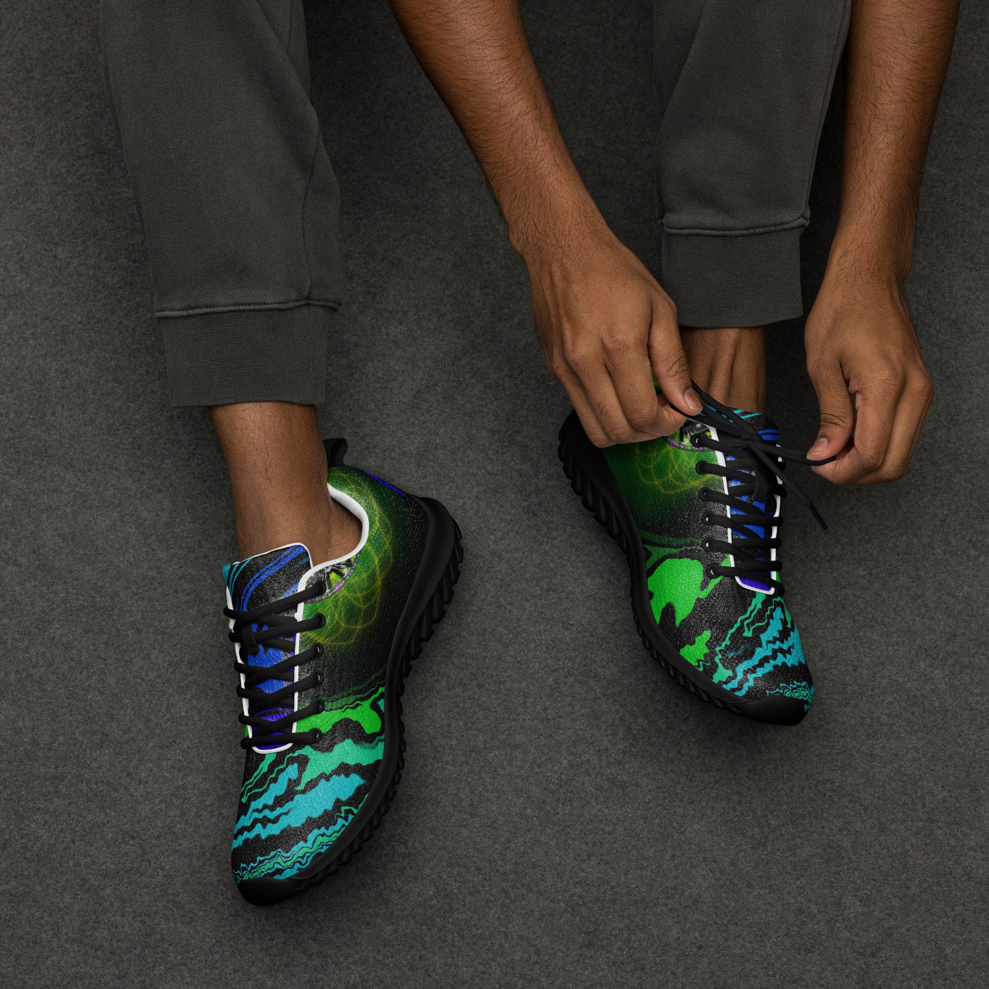 Man putting on Spectral Flow men’s psychedelic athletic shoes