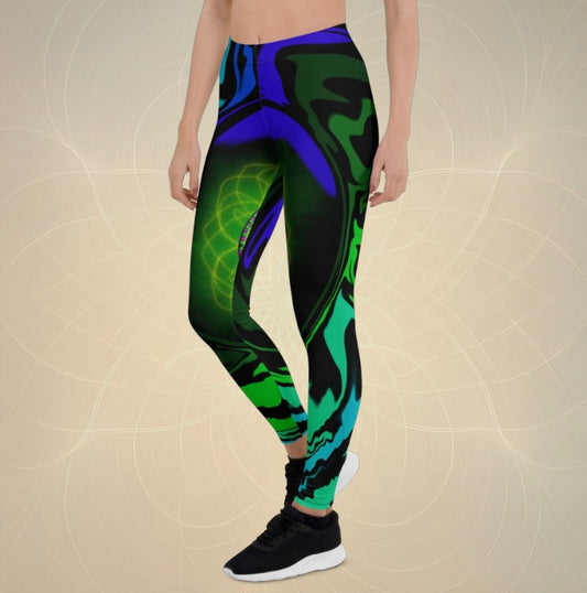 Model wearing Spectral Flow psychedelic UV active leggings with green-blue-purple liquid wave design