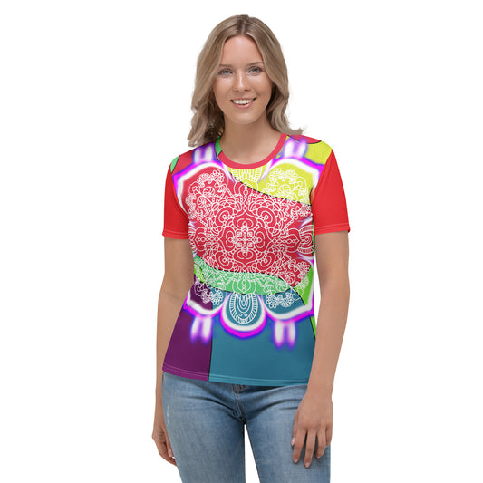Spectral Harmony t-shirt – model front view wearing rainbow mandala shirt