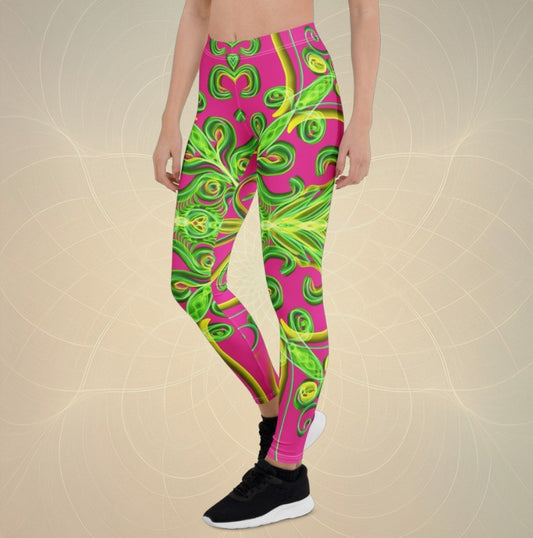 Model wearing Spring Flame psychedelic UV active leggings with pink and neon green fractal floral design