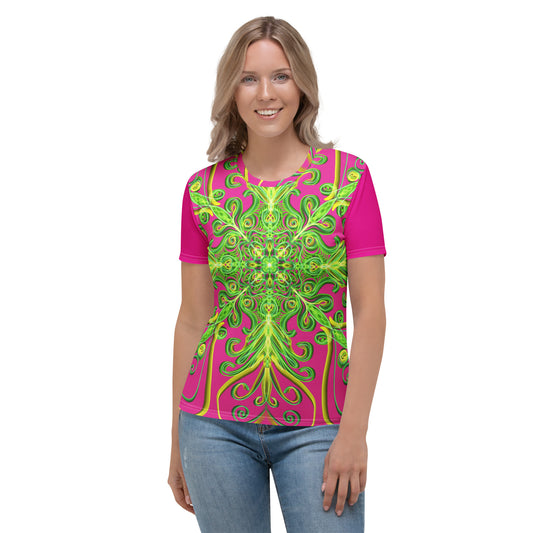 Woman wearing the Spring Flame psychedelic T-shirt – front view