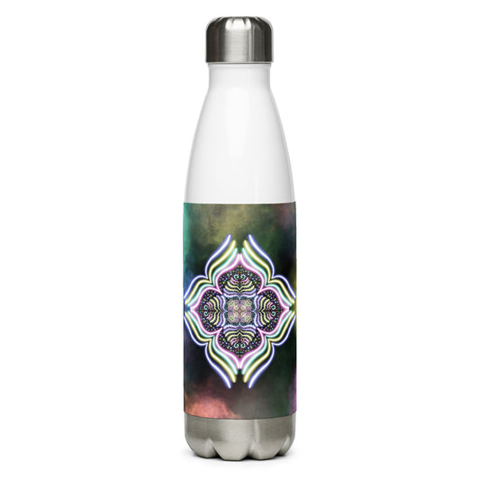 Stainless steel water bottle with Starglow Lotus psychedelic mandala design – front view