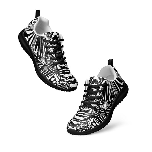 The Oracle men’s athletic shoes – black and white psychedelic mandala pattern, floating side view