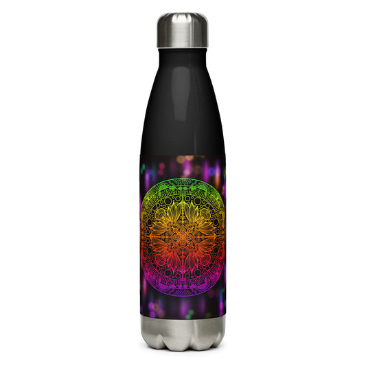 Tropical Sunray stainless steel bottle with vibrant rainbow mandala on black background