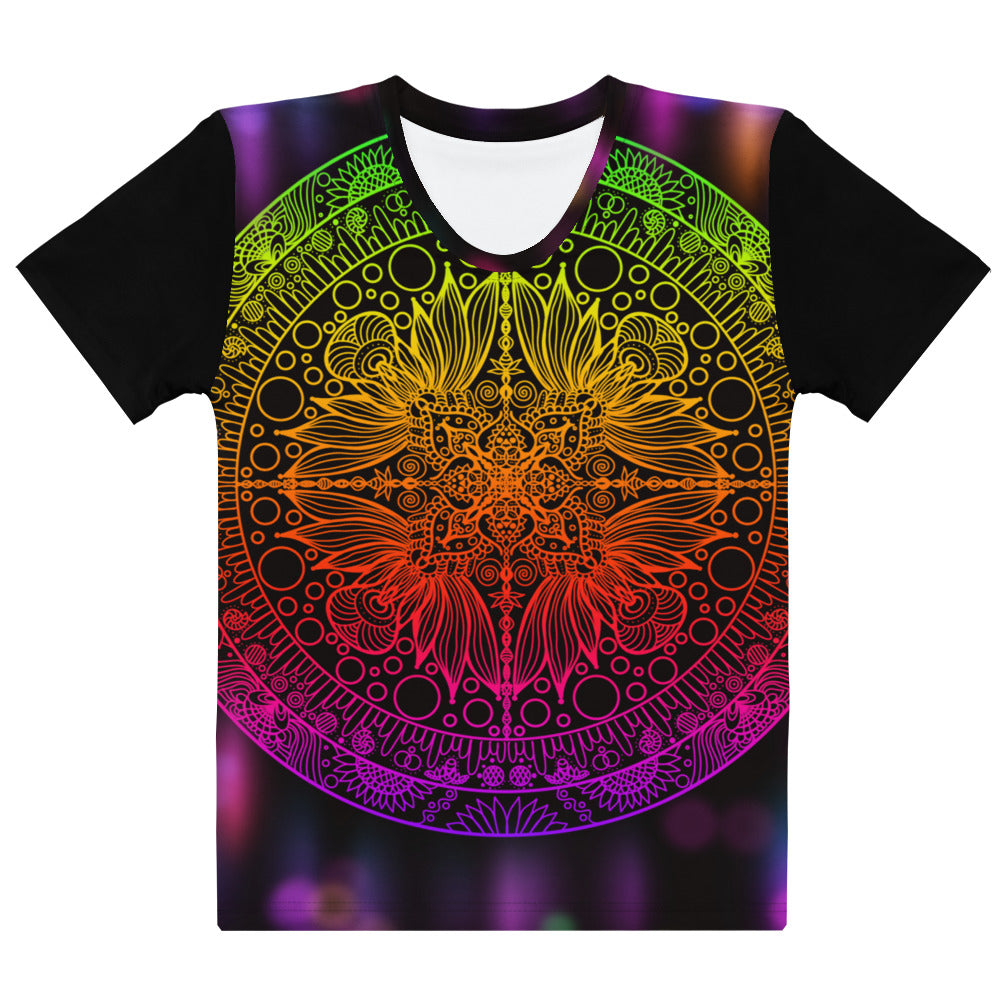 Tropical Sunray psychedelic mandala t-shirt – front flat view