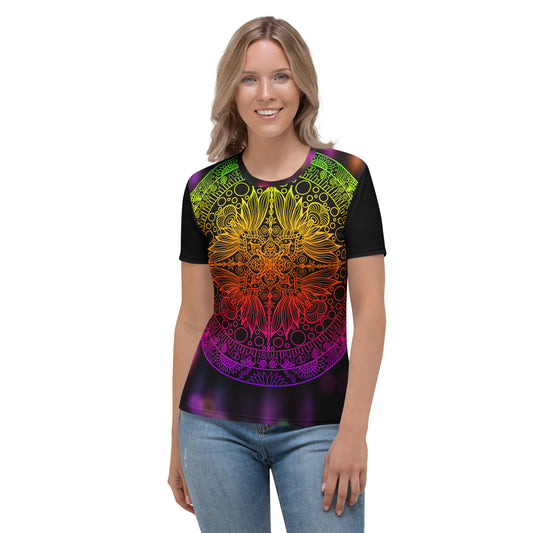  Tropical Sunray women’s t-shirt – colorful mandala design worn by model