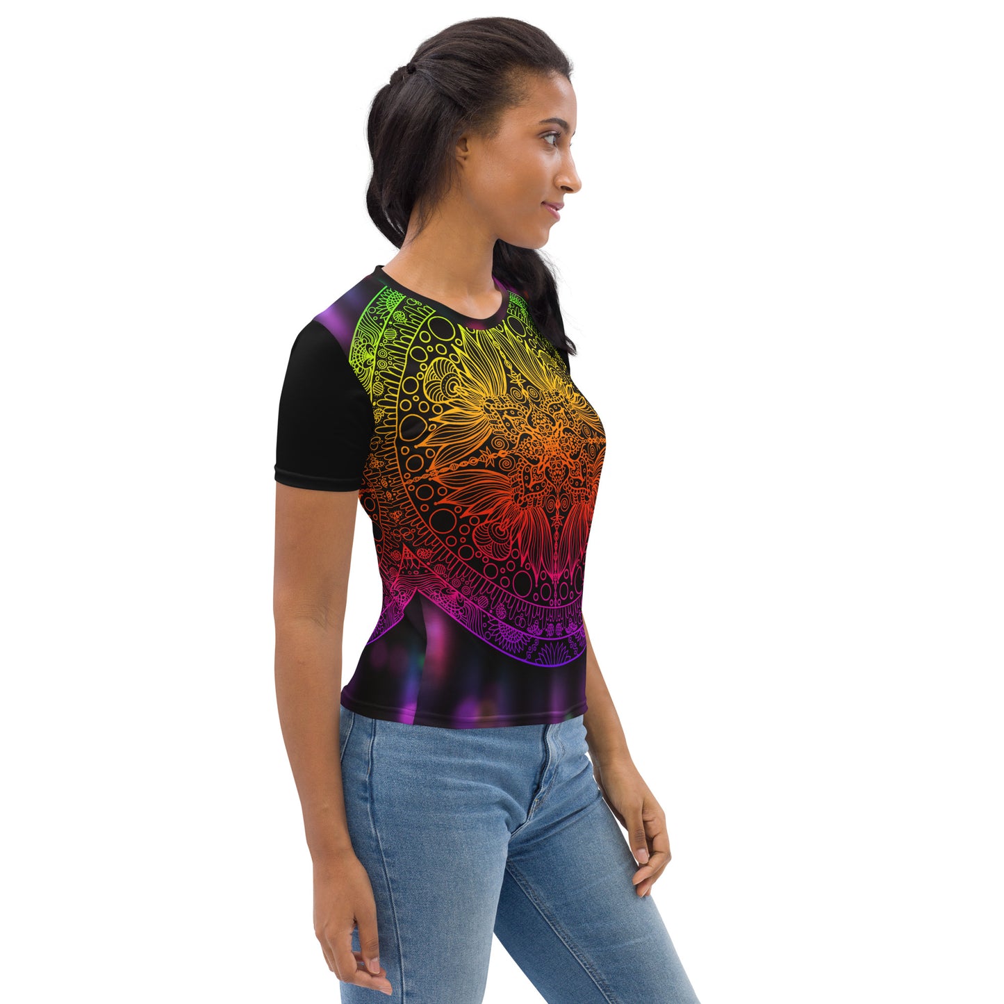 Psychedelic women’s tee – Tropical Sunray design from side view