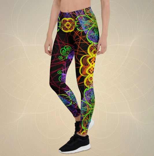 Model wearing Infinite Harmony UV active leggings with psychedelic neon fractal design